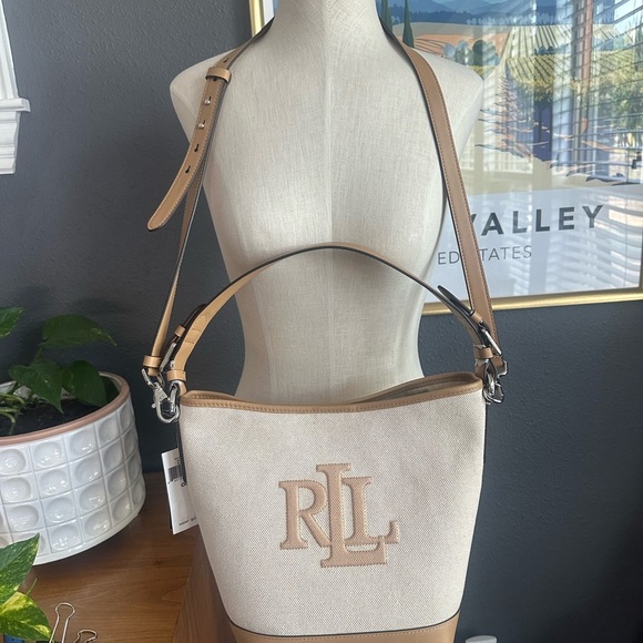 NWT Ralph Lauren Canvas Med Whitley Beige Tan Monogram Shoulder Bucket Bag - Picture 9 of 10